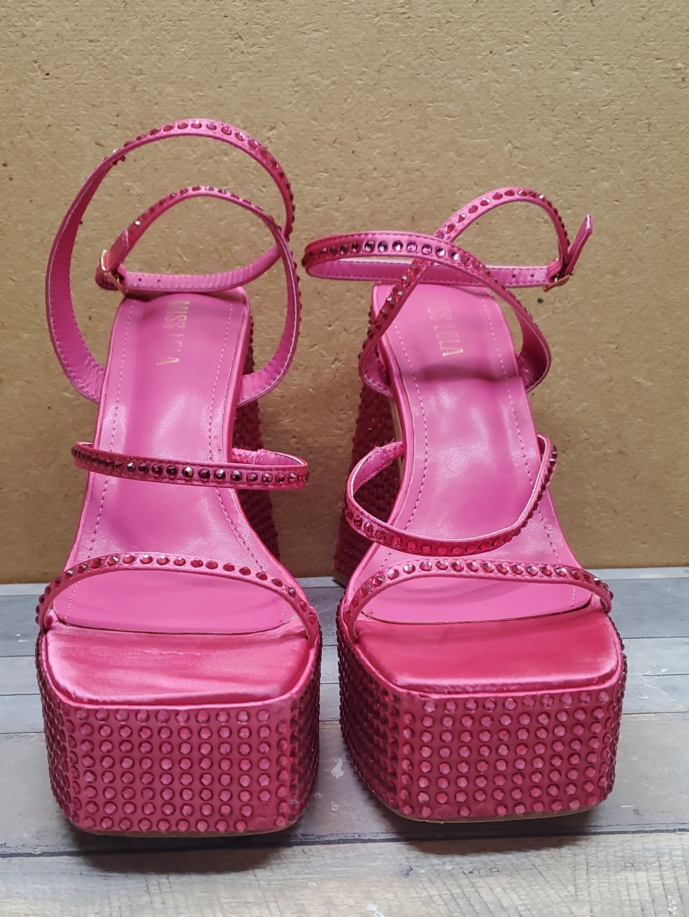 Miss Lola Asking For Drama Rhinestone-embellished Hot Pink Satin Block Heels